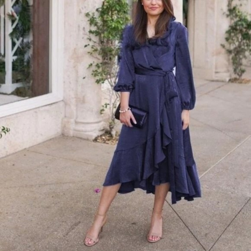 Gal Meets Glam Navy Jennifer Shimmer Satin Wrap Midi Dress Ruffle Hem Size 2 - Picture 2 of 8